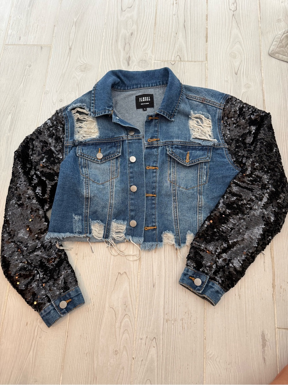 Cropped Denim Jacket With Sequin Sleeves